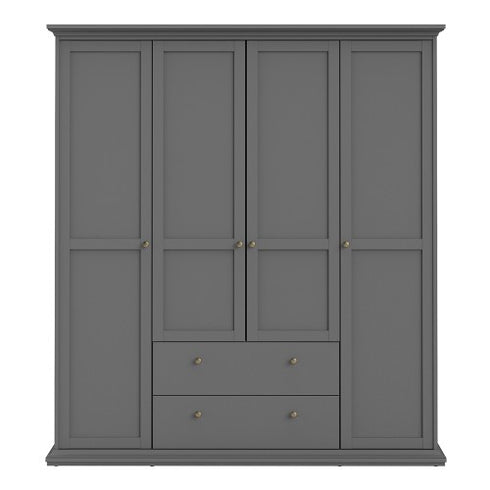 Paris Wardrobe with 4 Doors and 2 Drawers in Matt Grey